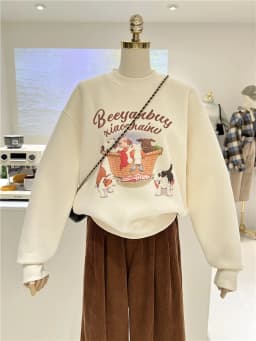 Korean Style Fleece Lined Thickened Cartoon Dog Loose Warm round Neck Pullover Sweatshirt Women Casual Winter Fashion