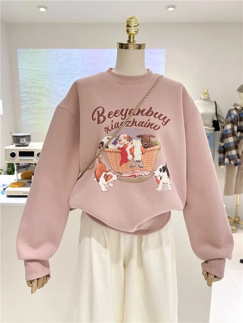Korean Style Fleece Lined Thickened Cartoon Dog Loose Warm round Neck Pullover Sweatshirt Women Casual Winter Fashion
