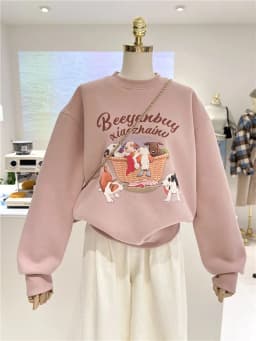 Korean Style Fleece Lined Thickened Cartoon Dog Loose Warm round Neck Pullover Sweatshirt Women Casual Winter Fashion