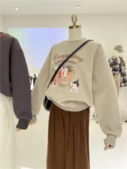 Korean Style Fleece Lined Thickened Cartoon Dog Loose Warm round Neck Pullover Sweatshirt Women Casual Winter Fashion