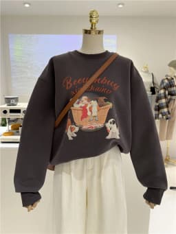 Korean Style Fleece Lined Thickened Cartoon Dog Loose Warm round Neck Pullover Sweatshirt Women Casual Winter Fashion