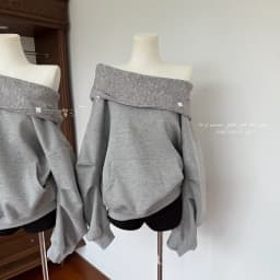 Laid-back Style Loose Fit Overhead Hoodie Women Early Autumn Shoulder-baring One-Shoulder Two-Way Wear Sweatshirt Korean Style