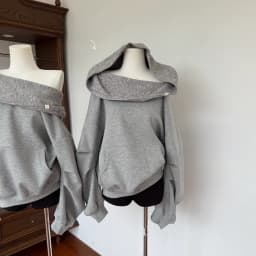 Laid-back Style Loose Fit Overhead Hoodie Women Early Autumn Shoulder-baring One-Shoulder Two-Way Wear Sweatshirt Korean Style