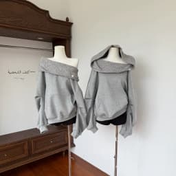 Laid-back Style Loose Fit Overhead Hoodie Women Early Autumn Shoulder-baring One-Shoulder Two-Way Wear Sweatshirt Korean Style