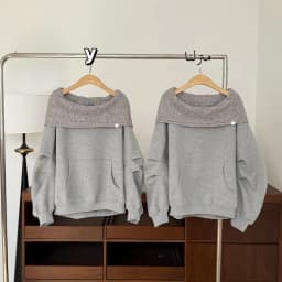 Laid-back Style Loose Fit Overhead Hoodie Women Early Autumn Shoulder-baring One-Shoulder Two-Way Wear Sweatshirt Korean Style