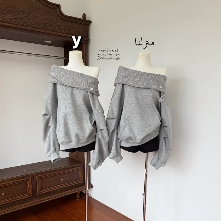 Laid-back Style Loose Fit Overhead Hoodie Women Early Autumn Shoulder-baring One-Shoulder Two-Way Wear Sweatshirt Korean Style