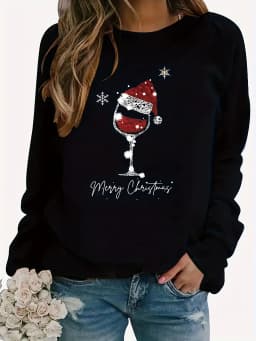 Women's Christmas Printed Loose Top Sweater Long Sleeved Autumn and Winter Black High Quality Vintage Trendy Casual Streetwear