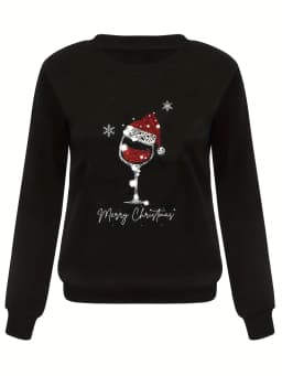 Women's Christmas Printed Loose Top Sweater Long Sleeved Autumn and Winter Black High Quality Vintage Trendy Casual Streetwear