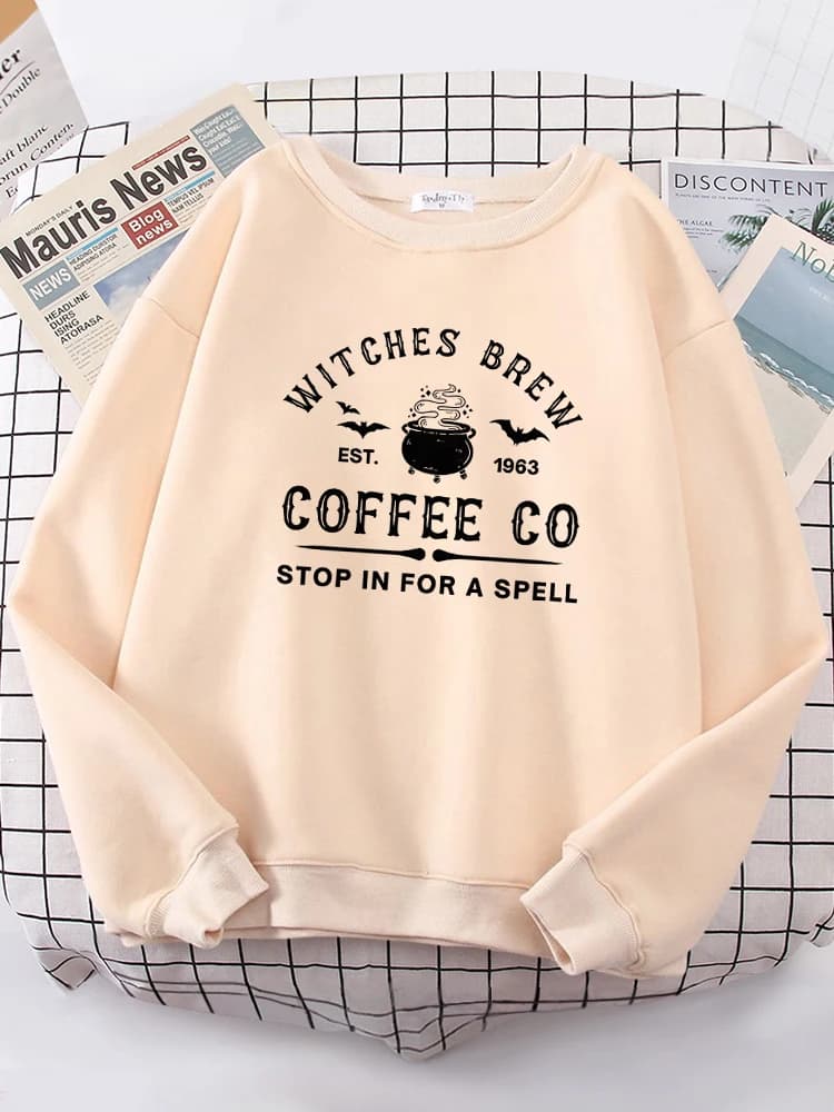 Witches Brew Coffee Letter Printing Simple Autumn Womens Sweatshirts Casual Fleece Long Sleeves Warm All-Match Woman Pullover
