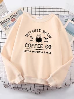 Witches Brew Coffee Letter Printing Simple Autumn Womens Sweatshirts Casual Fleece Long Sleeves Warm All-Match Woman Pullover