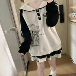 New Spring Autumn Fashion Japanese Preppy Style Sweatshirts Y2k Kawaii Print Casual Hoodies Sail Collar Constrast Color Clothes