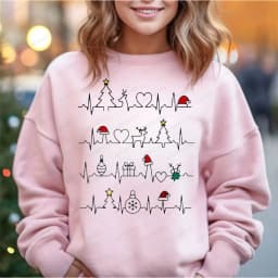 Christmas Funny Heartbeat EKG Sweatshirt Xmas Trees Christmas Hat Graphic Pullover Woman Men Medical Tops Gift Casual Sweater