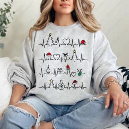 Christmas Funny Heartbeat EKG Sweatshirt  Xmas Trees Christmas Hat Graphic Pullover  Woman Men Medical Tops Gift Casual Sweater