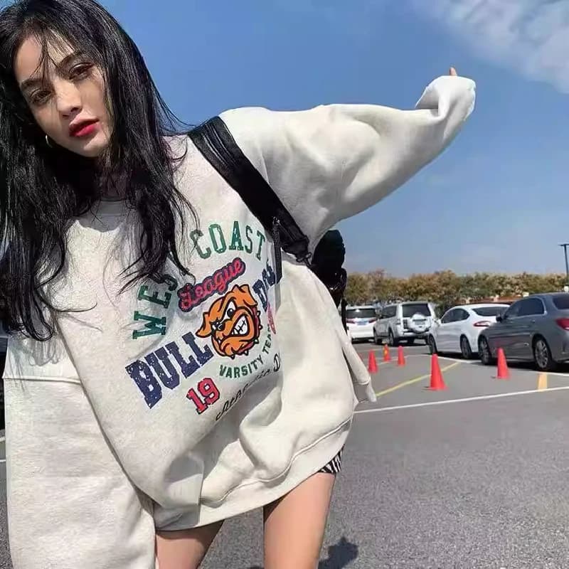 Winter Thickened Long Sleeve Sweatshirt Lazy Style Oversized Hoodie Women's round Neck Personalized Letter Print Casual Top