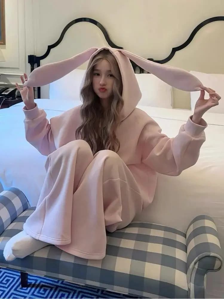 Women Kawaii Cute Bunny Ear Hooded Sweatshirt Oversized Big Zip Up Long Sleeve Sweet Y2K Streetwear Loose Casual Daily Outerwear