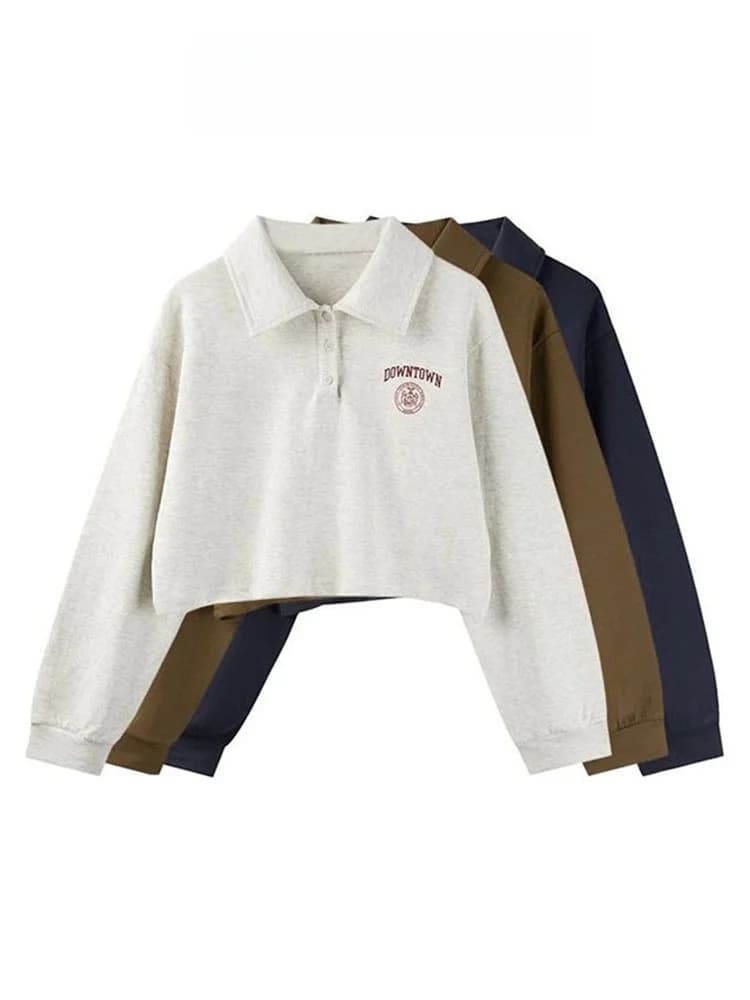Retro American Neck Sweatshirt Women's Spring Autumn New Loose Shoulder Flip Collar Long Sleeve Short Trendy Top