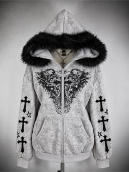 American Retro Sweatshirts Faux Fur Zipper Hoodie Long Sleeve Japanese Y2K Hrajuku Subculture Gothic Punk Style Streetwear