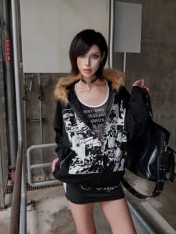 American Retro Sweatshirts Faux Fur Zipper Hoodie Long Sleeve Japanese Y2K Hrajuku Subculture Gothic Punk Style Streetwear
