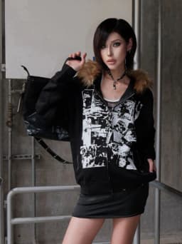 American Retro Sweatshirts Faux Fur Zipper Hoodie Long Sleeve Japanese Y2K Hrajuku Subculture Gothic Punk Style Streetwear