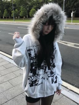 American Retro Y2K Hoodie Faux Fur Hoodie Zipper Long Sleeve Y2K Gothic Punk Style Streetwear Vintage Autumn Winter Sweatshirts