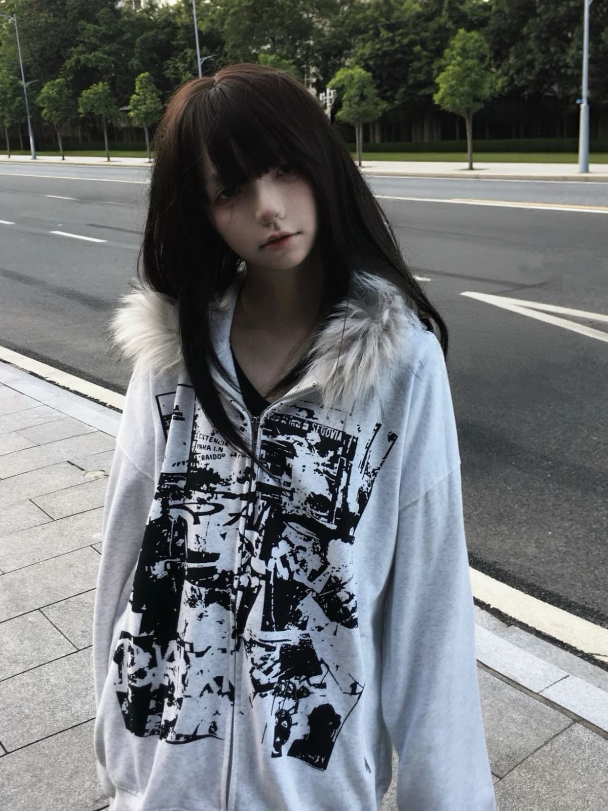 American Retro Y2K Hoodie Faux Fur Hoodie Zipper Long Sleeve Y2K Gothic Punk Style Streetwear Vintage Autumn Winter Sweatshirts