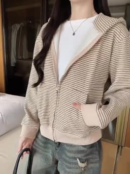 American Retro Loose Striped Hoodie for Women Autumn 2026 Zip Up Long Sleeve Sweatshirt Woman Lazy Casual Short Hooded Jackets
