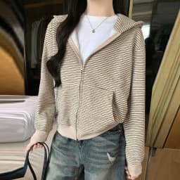 American Retro Loose Striped Hoodie for Women Autumn 2026 Zip Up Long Sleeve Sweatshirt Woman Lazy Casual Short Hooded Jackets