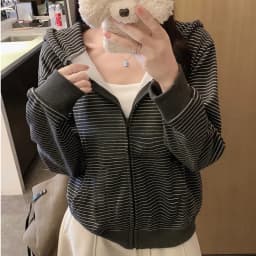 American Retro Loose Striped Hoodie for Women Autumn 2026 Zip Up Long Sleeve Sweatshirt Woman Lazy Casual Short Hooded Jackets