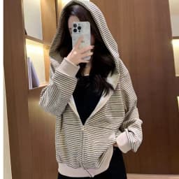 American Retro Loose Striped Hoodie for Women Autumn 2026 Zip Up Long Sleeve Sweatshirt Woman Lazy Casual Short Hooded Jackets
