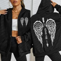 His Angel Creative Wings Art Letter Printing Zipper Hoodies Woman Y2K Hoodie Casual Soft Hoody Fleece Comfortable Streetwear