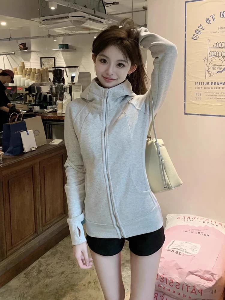 Slim Fit Sportswear Pink Hoodie Cardigan Women's Autumn Winter New Style Cotton Blend Thickened Warmth Commute Fashion