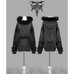 Japanese Subculture Gothic Punk Zip Up Hoodie Women Fur Trim Lace Up Buckle Detail Graphic Print Vintage Oversized Streetwear