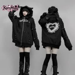 Japanese Subculture Gothic Punk Zip Up Hoodie Women Fur Trim Lace Up Buckle Detail Graphic Print Vintage Oversized Streetwear