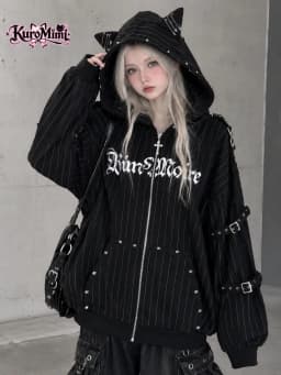 Japanese Subculture Gothic Punk Zip Up Hoodie Women Fur Trim Lace Up Buckle Detail Graphic Print Vintage Oversized Streetwear