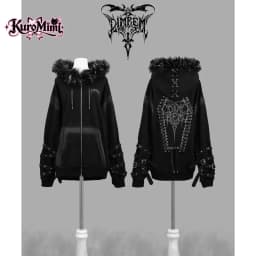 Japanese Subculture Gothic Punk Zip Up Hoodie Women Fur Trim Lace Up Buckle Detail Graphic Print Vintage Oversized Streetwear