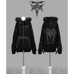 Japanese Subculture Gothic Punk Zip Up Hoodie Women Fur Trim Lace Up Buckle Detail Graphic Print Vintage Oversized Streetwear