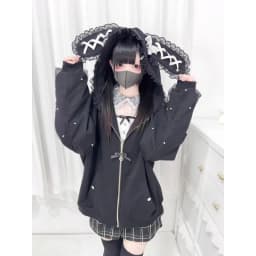 Japanese Subculture Gothic Punk Zip Up Hoodie Women Fur Trim Lace Up Buckle Detail Graphic Print Vintage Oversized Streetwear