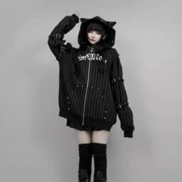 Japanese Subculture Gothic Punk Zip Up Hoodie Women Fur Trim Lace Up Buckle Detail Graphic Print Vintage Oversized Streetwear