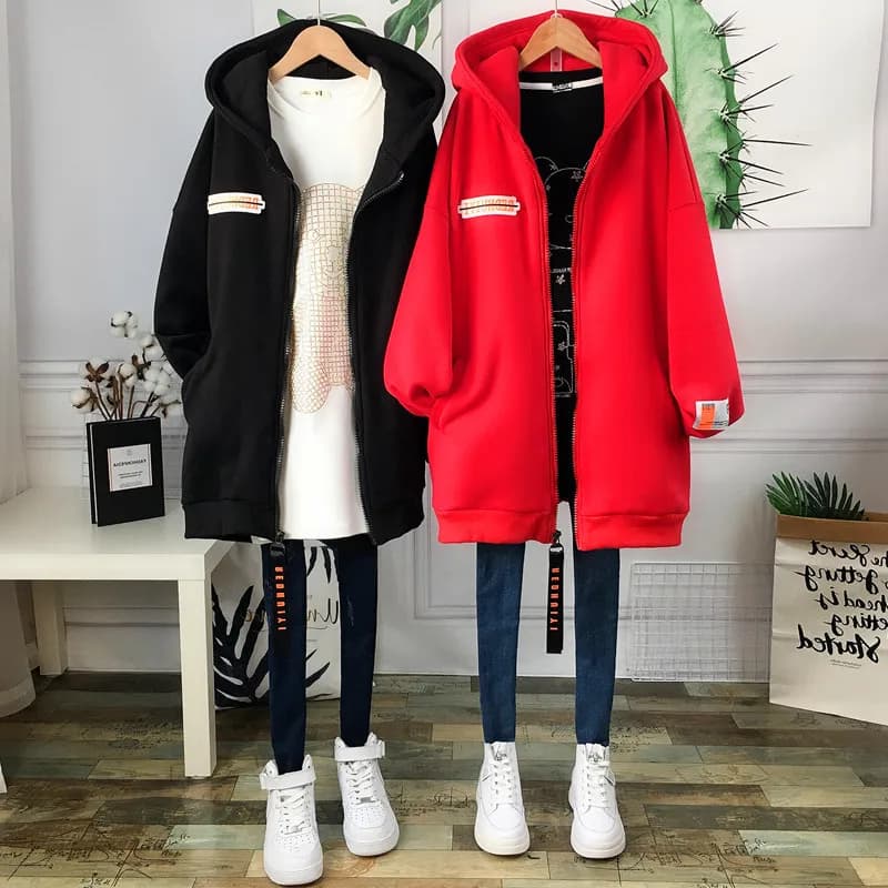 plus Size Fleece Lined Thickened Medium Length Open Cardigan Hooded Loose Maternity Sweatshirt Jacket Women's Korean Style Co...