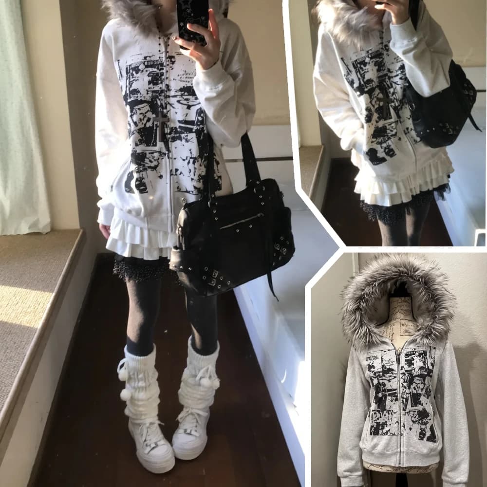 Women Y2K Zip Up Hoodie Faux Fur Hoodie Long Sleeve Y2K Retro Comic Print Gothic Punk Style Streetwear Autumn Winter Sweatshirts