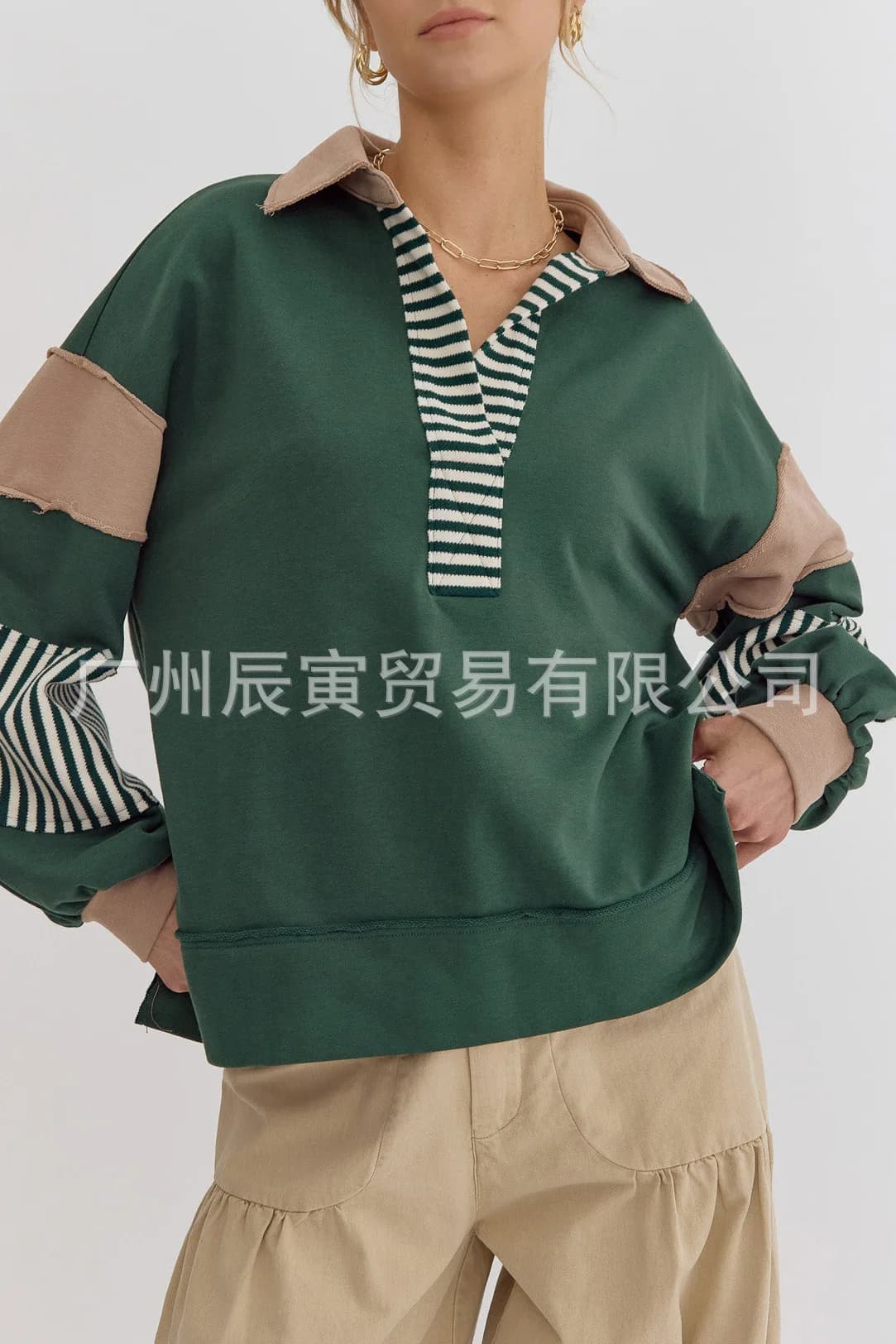 Europe and America Women's Autumn New Fashion Polo Collar Spell Color Striped Splicing Pullover Hoodie, Loose Casual Fresh Top