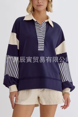 Europe and America Women's Autumn New Fashion Polo Collar Spell Color Striped Splicing Pullover Hoodie, Loose Casual Fresh Top