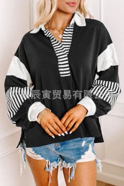 Europe and America Women's Autumn New Fashion Polo Collar Spell Color Striped Splicing Pullover Hoodie, Loose Casual Fresh Top
