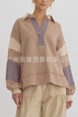 Europe and America Women's Autumn New Fashion Polo Collar Spell Color Striped Splicing Pullover Hoodie, Loose Casual Fresh Top