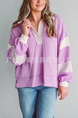 Europe and America Women's Autumn New Fashion Polo Collar Spell Color Striped Splicing Pullover Hoodie, Loose Casual Fresh Top