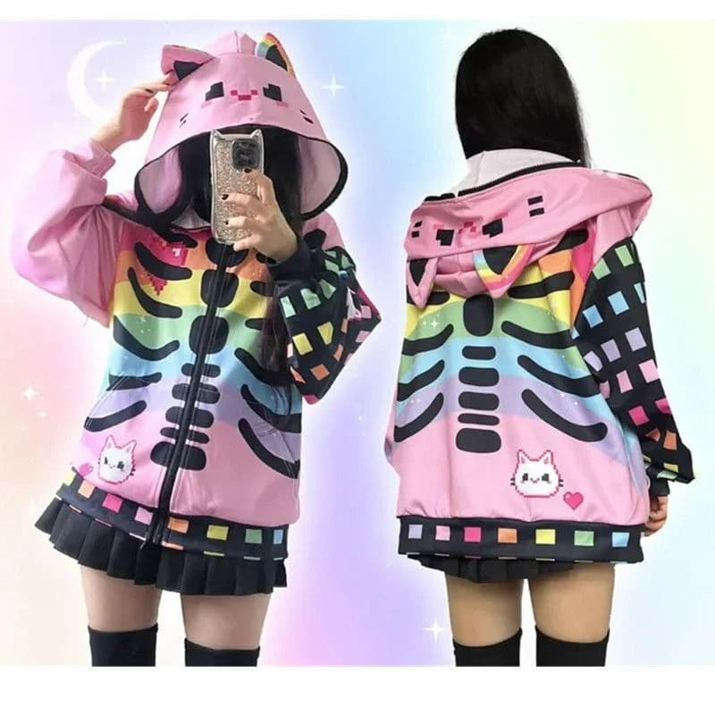 Japanese 3D Printing Casual Hoodies Women Y2k Aesthetic Vintage Loose Hoody Autumn Streetwear ​Zipper Pocket Grunge Sweatshirt