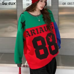 2026 Autumn Multicolour Patchwork Oversized Pullover Sweatershirts Woman Casual Loose Pentagram O Neck Long Sleeve Outwears