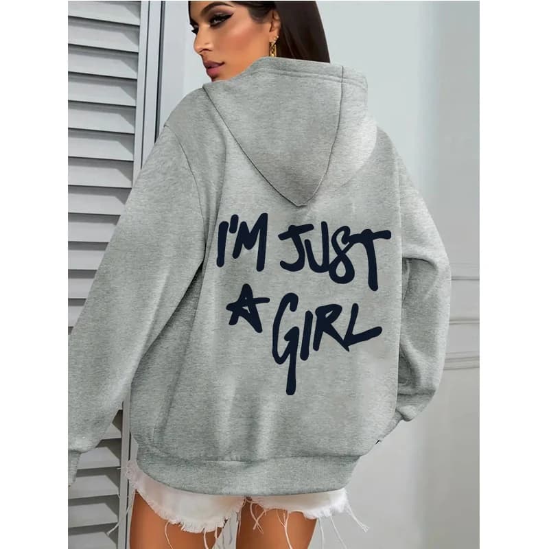 Women's Casual Pocket Hoodies with I'm Just A Girl Letter Print Autunm Winter Hooded Clothes Graphic Y2k Sweatshirts Streetwear