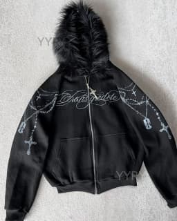 Harajuku Aesthetics Classics Casual Long Sleeved Hoodie Fashionable Personalized Printed Zipper Detachable Fur Collar Hat Hoodie
