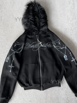Harajuku Aesthetics Classics Casual Long Sleeved Hoodie Fashionable Personalized Printed Zipper Detachable Fur Collar Hat Hoodie
